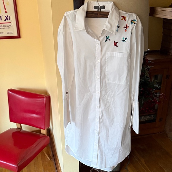Embroidered Bird Cotton Button-Up Dress - White - Picture 3 of 4